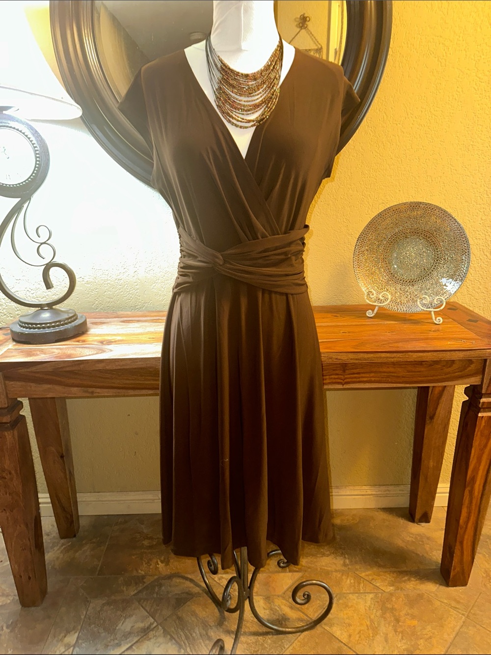 Evan Picone Brown Faux Wrap Dress